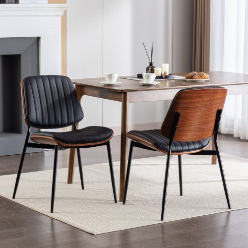 Dining Chairs Set Of 2 Mid Century Modern, Retro Faux Leather Chair With Walnut Bentwood Back Upholstered Seat Metal Legs Adjustable Foot For Kitchen Dining Room Chairs