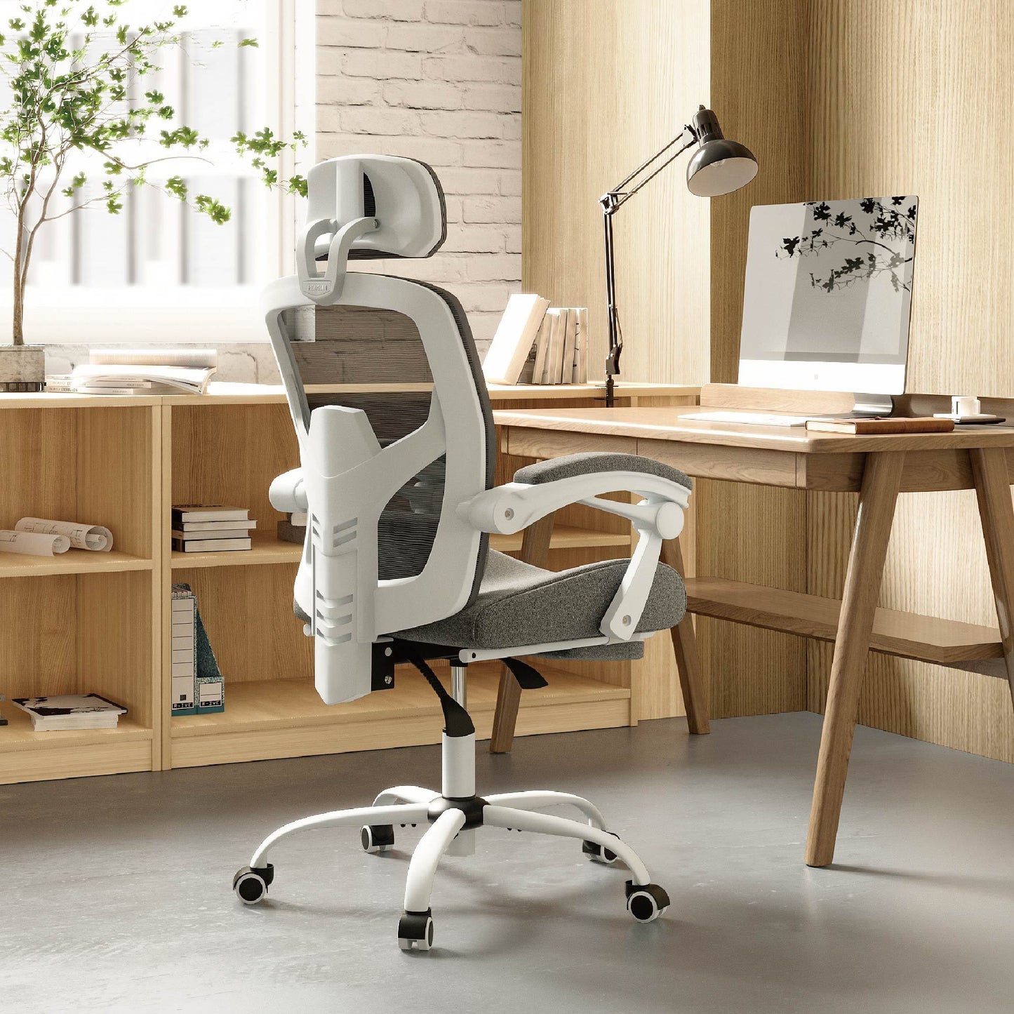 Retractable Ergonomic Swivel Office Chair With Footrest, Lumbar Support Pillow, And Padded Armrests