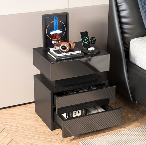 LED Bedside Table Nightstand, Modern Black Nightstand With Led Lights And 2 High Gloss Drawers, Black
