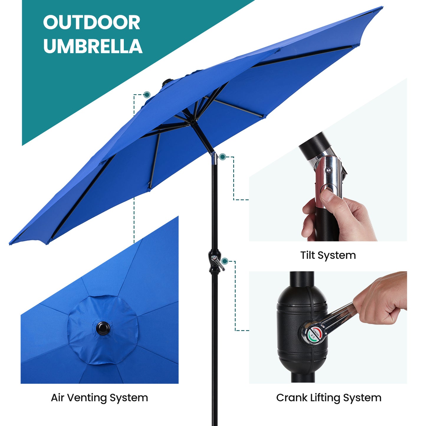 Outdoor Patio Umbrella With Push Button Tilt And Crank, 8 Sturdy Ribs UV Protection And Waterproof For Garden (Red, Blue, or Khaki), Base Sold Separately