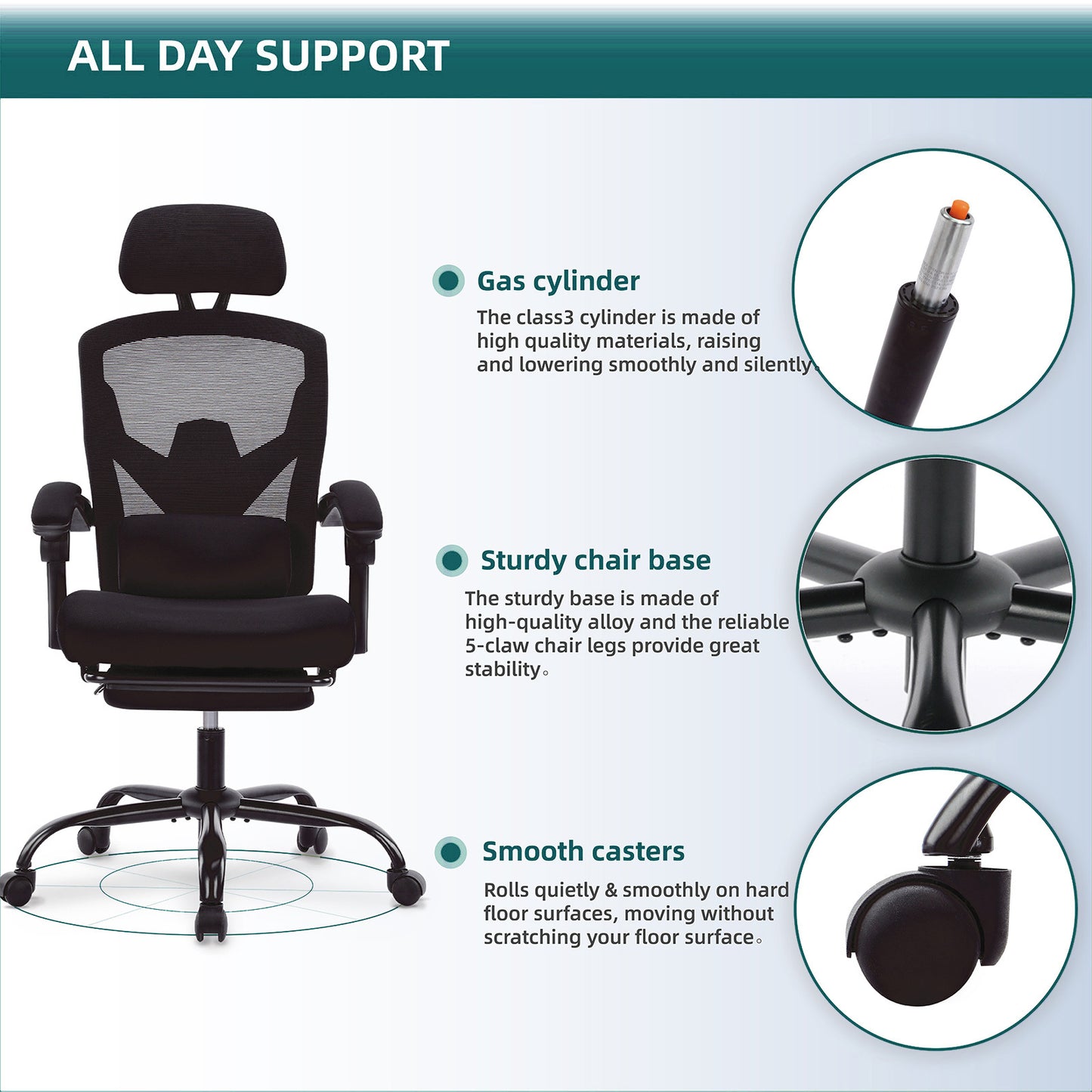 Retractable Ergonomic Swivel Office Chair With Footrest, Lumbar Support Pillow, And Padded Armrests