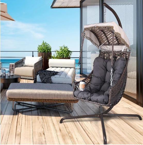 Indoor And Outdoor Swing Egg Chair With Stand, UV Protection, Cushion, And Cup Holder, Grey