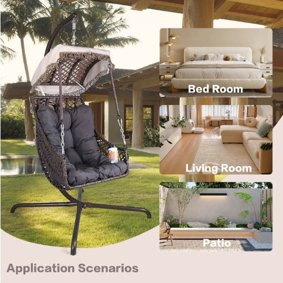 Indoor And Outdoor Swing Egg Chair With Stand, UV Protection, Cushion, And Cup Holder, Grey
