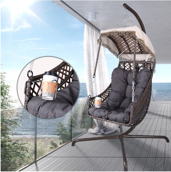Indoor And Outdoor Swing Egg Chair With Stand, UV Protection, Cushion, And Cup Holder, Grey