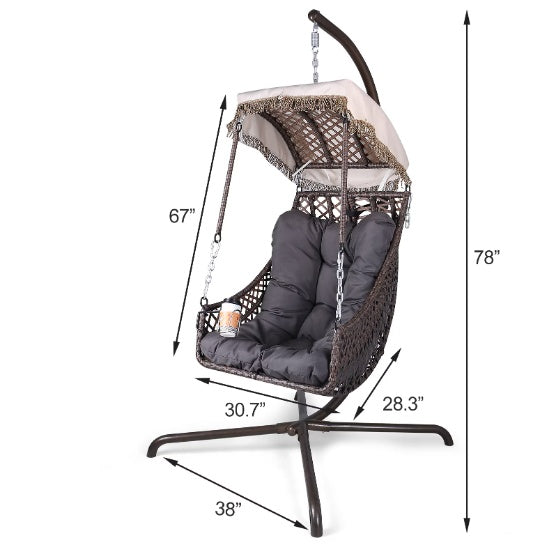 Indoor And Outdoor Swing Egg Chair With Stand, UV Protection, Cushion, And Cup Holder, Grey