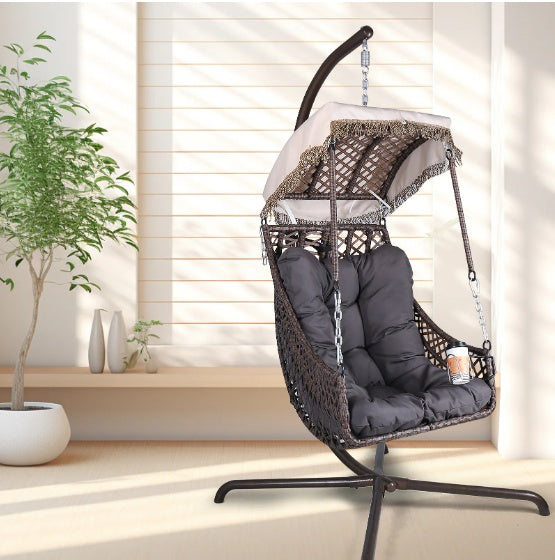 Indoor And Outdoor Swing Egg Chair With Stand, UV Protection, Cushion, And Cup Holder, Grey