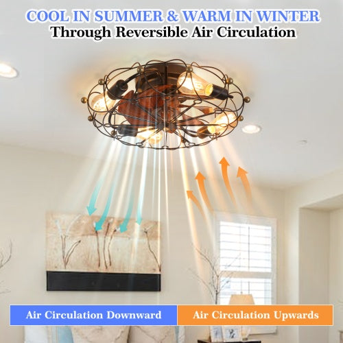 Industrial Cage Ceiling Fan With Light And Remote Control, Modern Industrial Ceiling Fan, Black/Brown