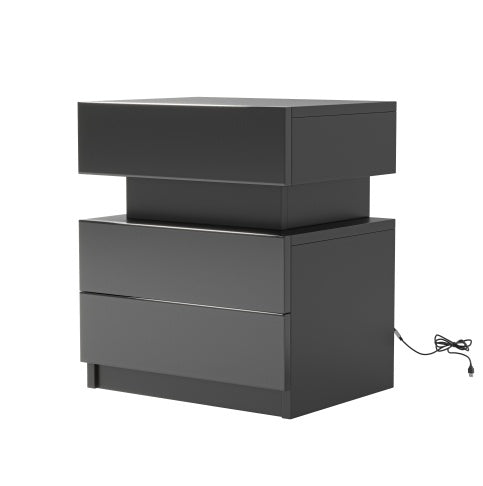 LED Bedside Table Nightstand, Modern Black Nightstand With Led Lights And 2 High Gloss Drawers, Black