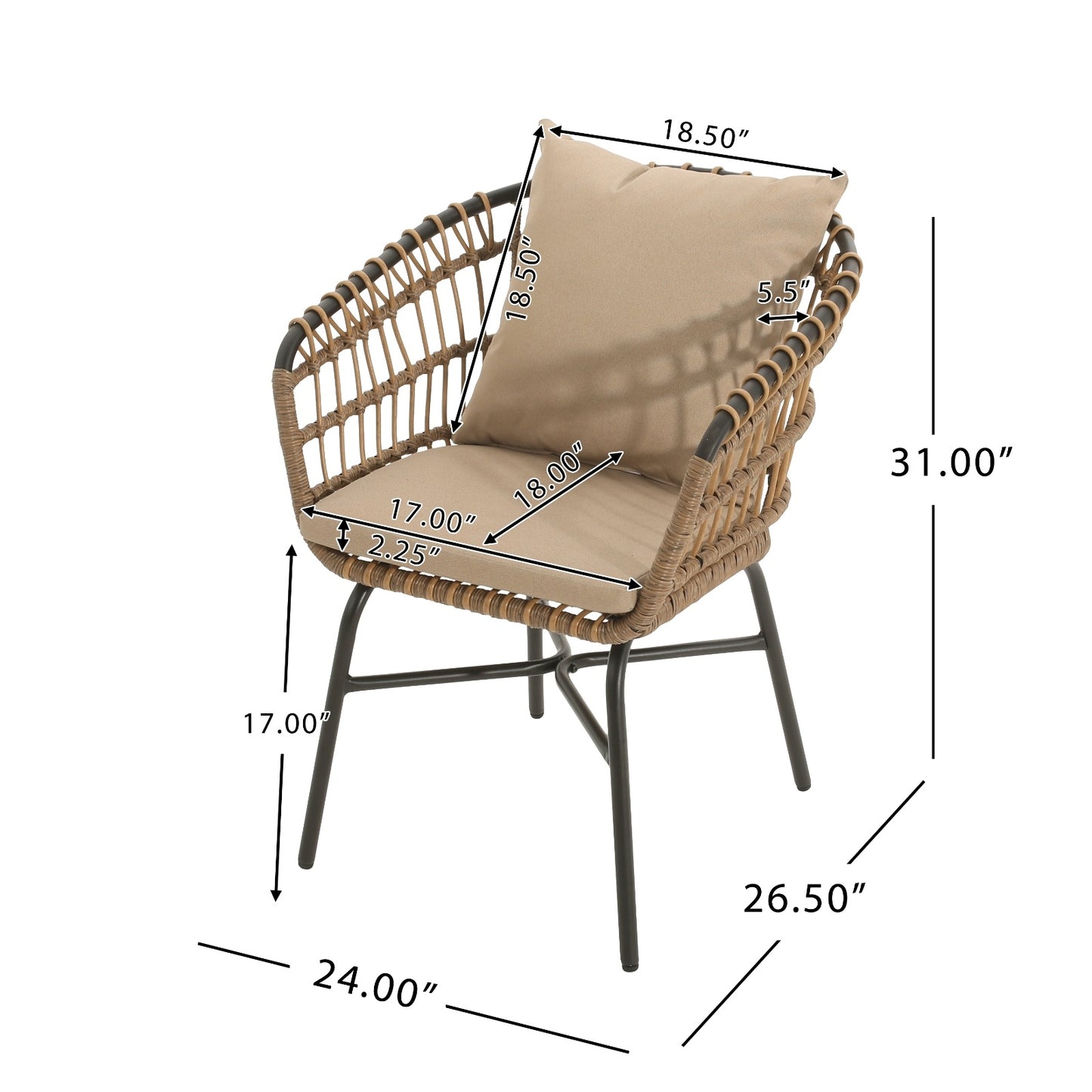 Outdoor Wicker And Metal Patio Chairs With Cushions, Set Of 2