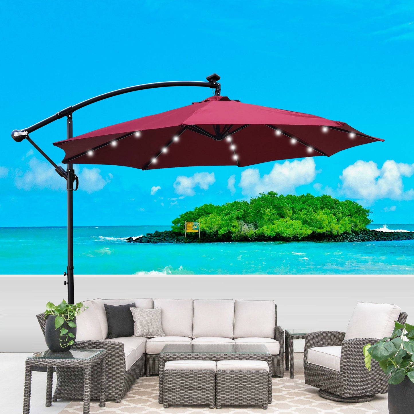 10ft Outdoor Patio Umbrella Solar Powered LED Lights, Waterproof Sun Shade Umbrella with Crank and Cross Base