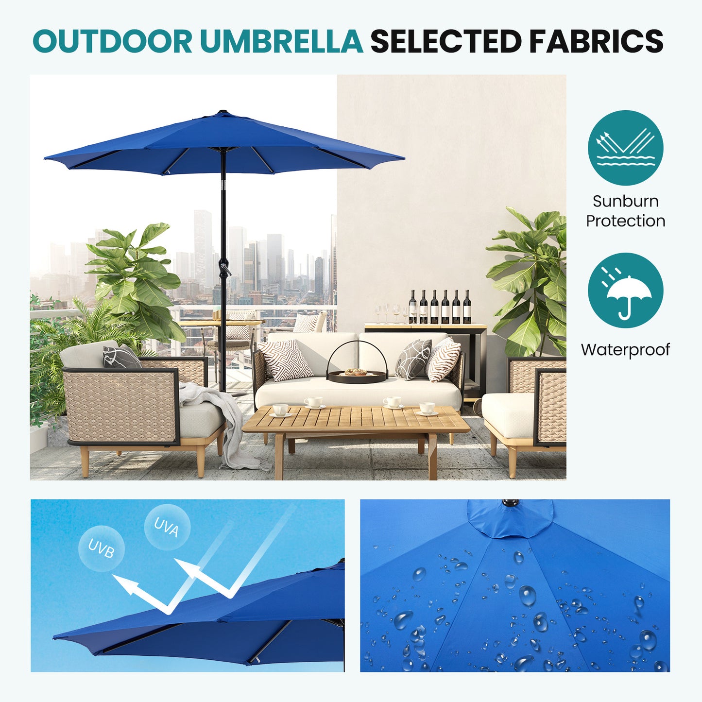 Outdoor Patio Umbrella With Push Button Tilt And Crank, 8 Sturdy Ribs UV Protection And Waterproof For Garden (Red, Blue, or Khaki), Base Sold Separately