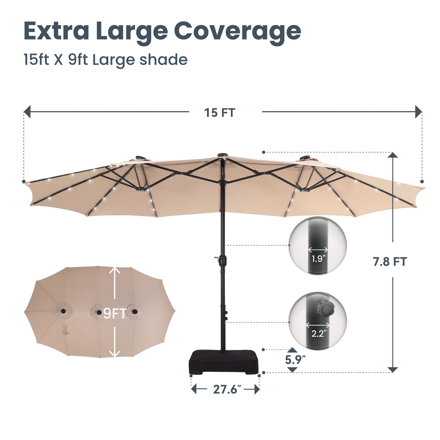 Large 15ft Patio Umbrella with Base & Solar Lights, 36 LED Lights And Umbrella Stand, Beige