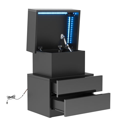 LED Bedside Table Nightstand, Modern Black Nightstand With Led Lights And 2 High Gloss Drawers, Black