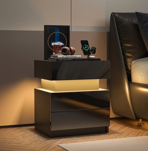 LED Bedside Table Nightstand, Modern Black Nightstand With Led Lights And 2 High Gloss Drawers, Black