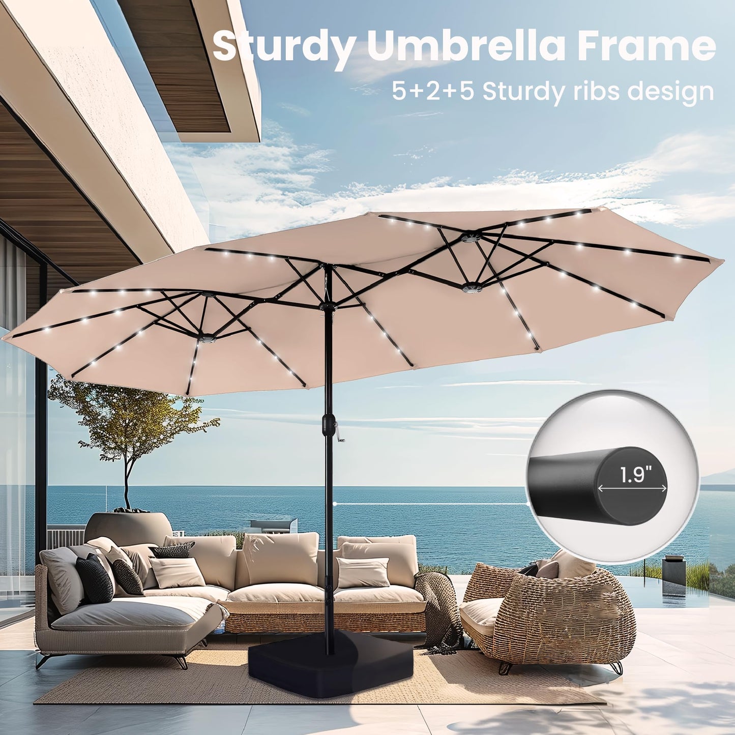 Large 15ft Patio Umbrella with Base & Solar Lights, 36 LED Lights And Umbrella Stand, Beige