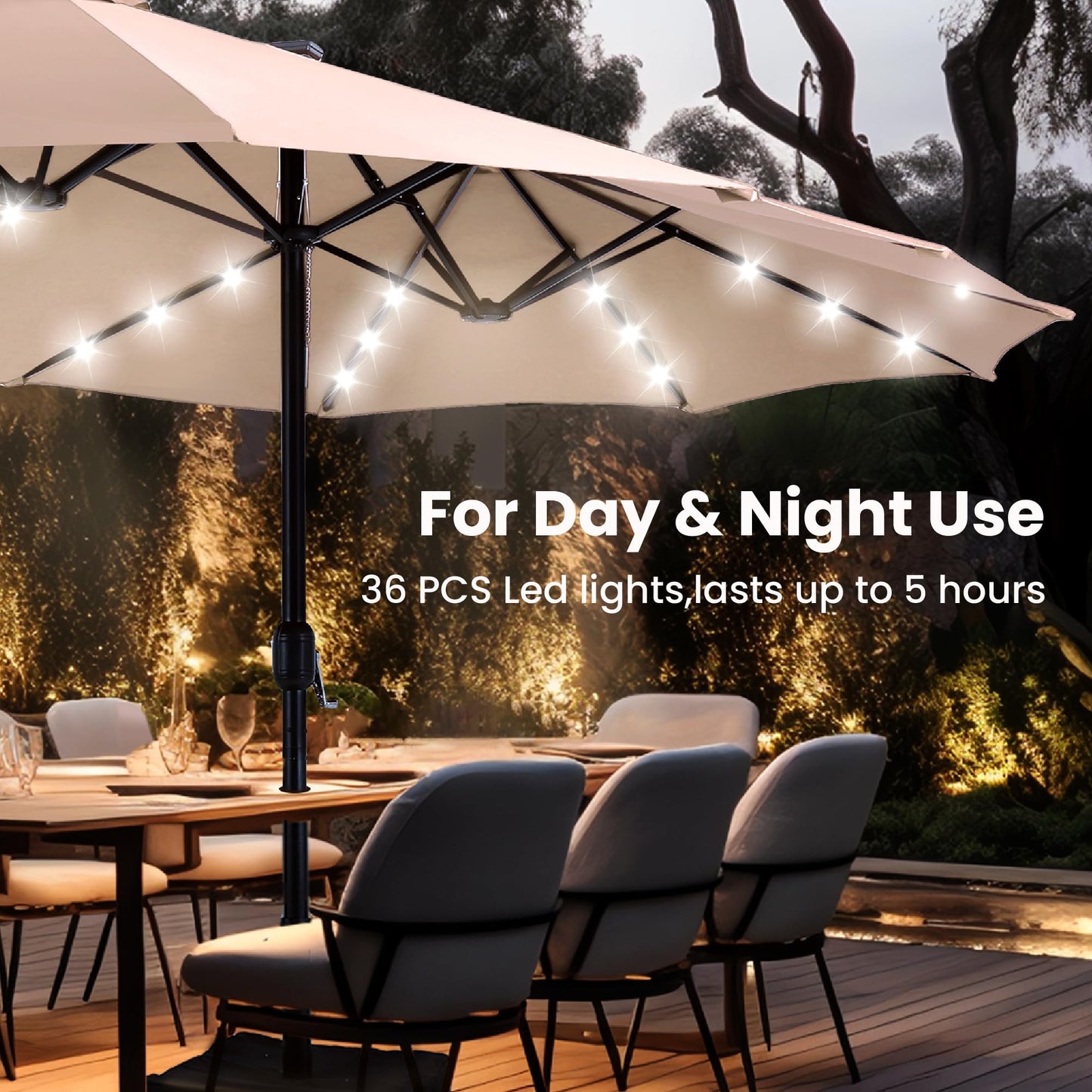 Large 15ft Patio Umbrella with Base & Solar Lights, 36 LED Lights And Umbrella Stand, Beige