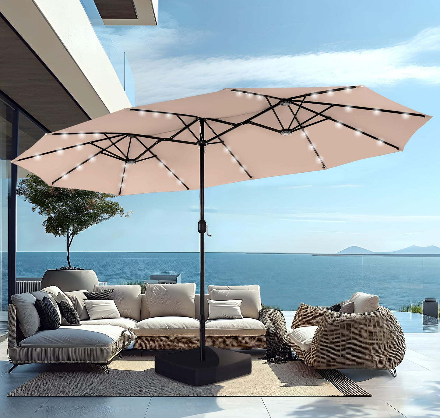 Large 15ft Patio Umbrella with Base & Solar Lights, 36 LED Lights And Umbrella Stand, Beige
