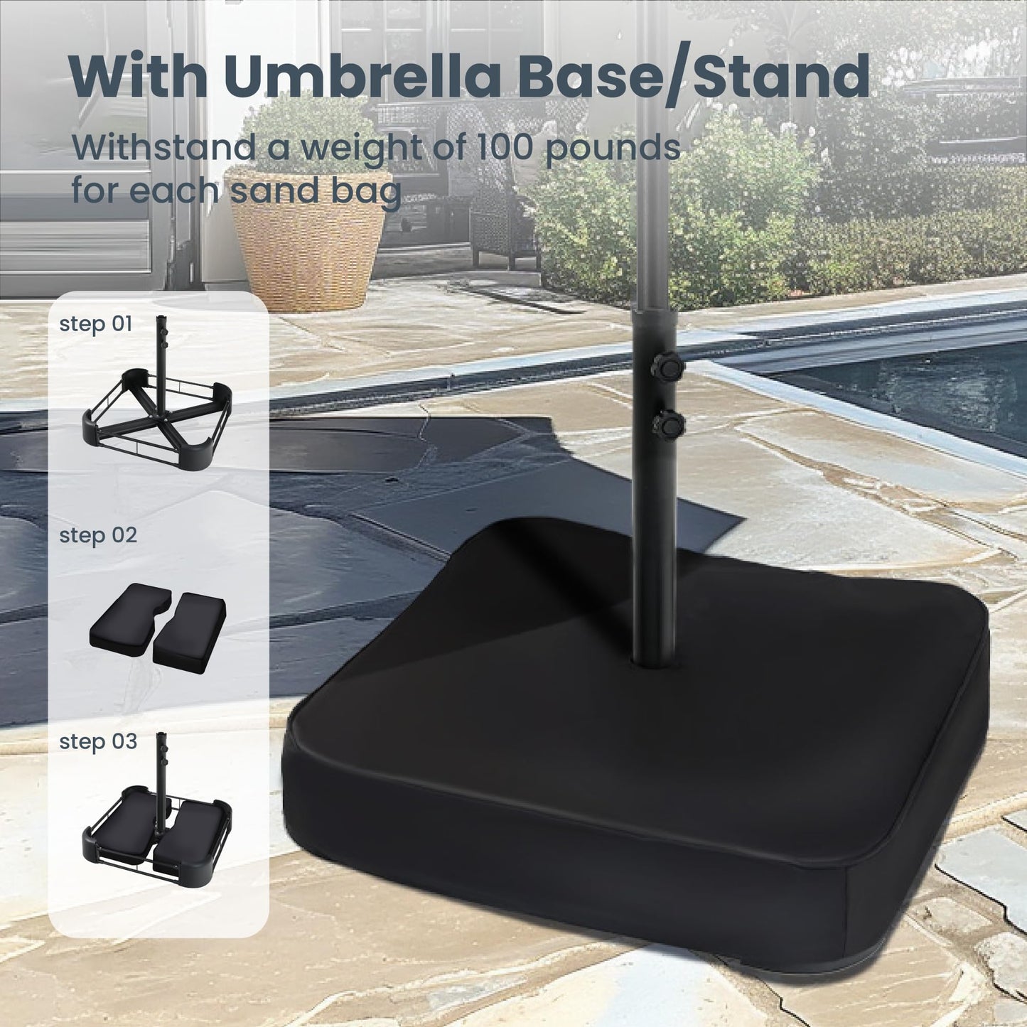 Large 15ft Patio Umbrella with Base & Solar Lights, 36 LED Lights And Umbrella Stand, Beige