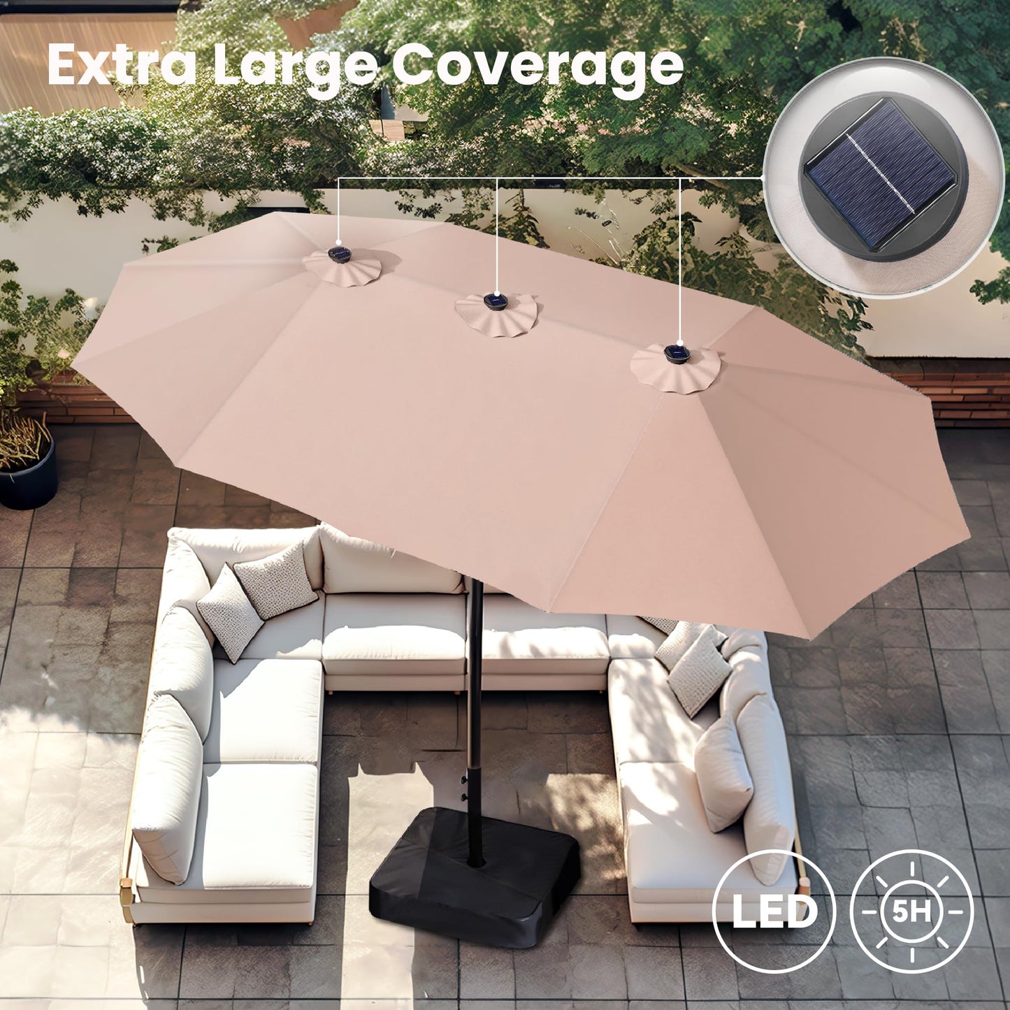 Large 15ft Patio Umbrella with Base & Solar Lights, 36 LED Lights And Umbrella Stand, Beige