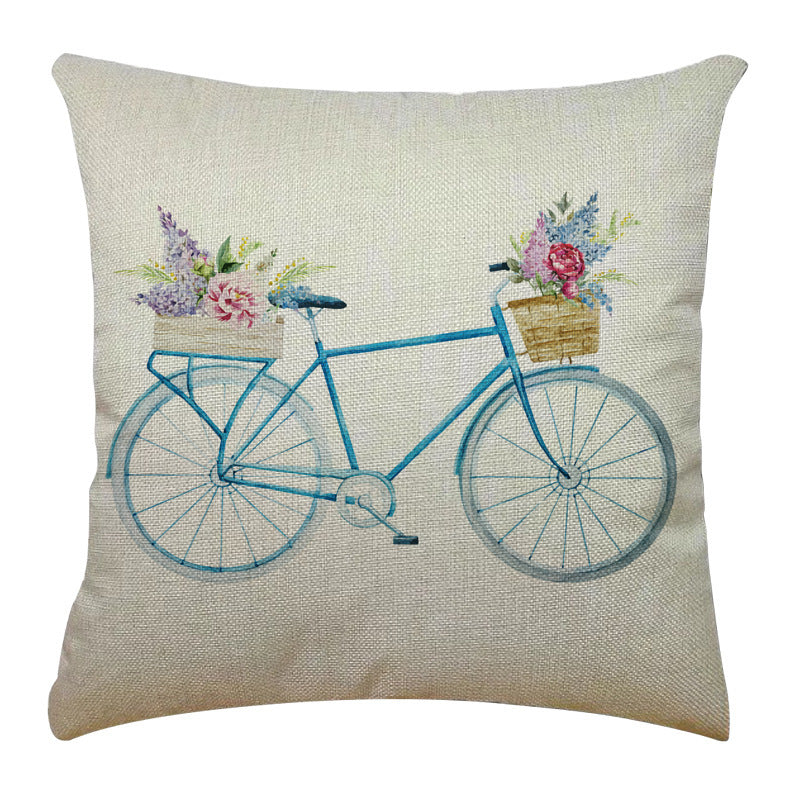 Bicycle Illustration Linen Pillow Cover Vase English Letters Home Cushion
