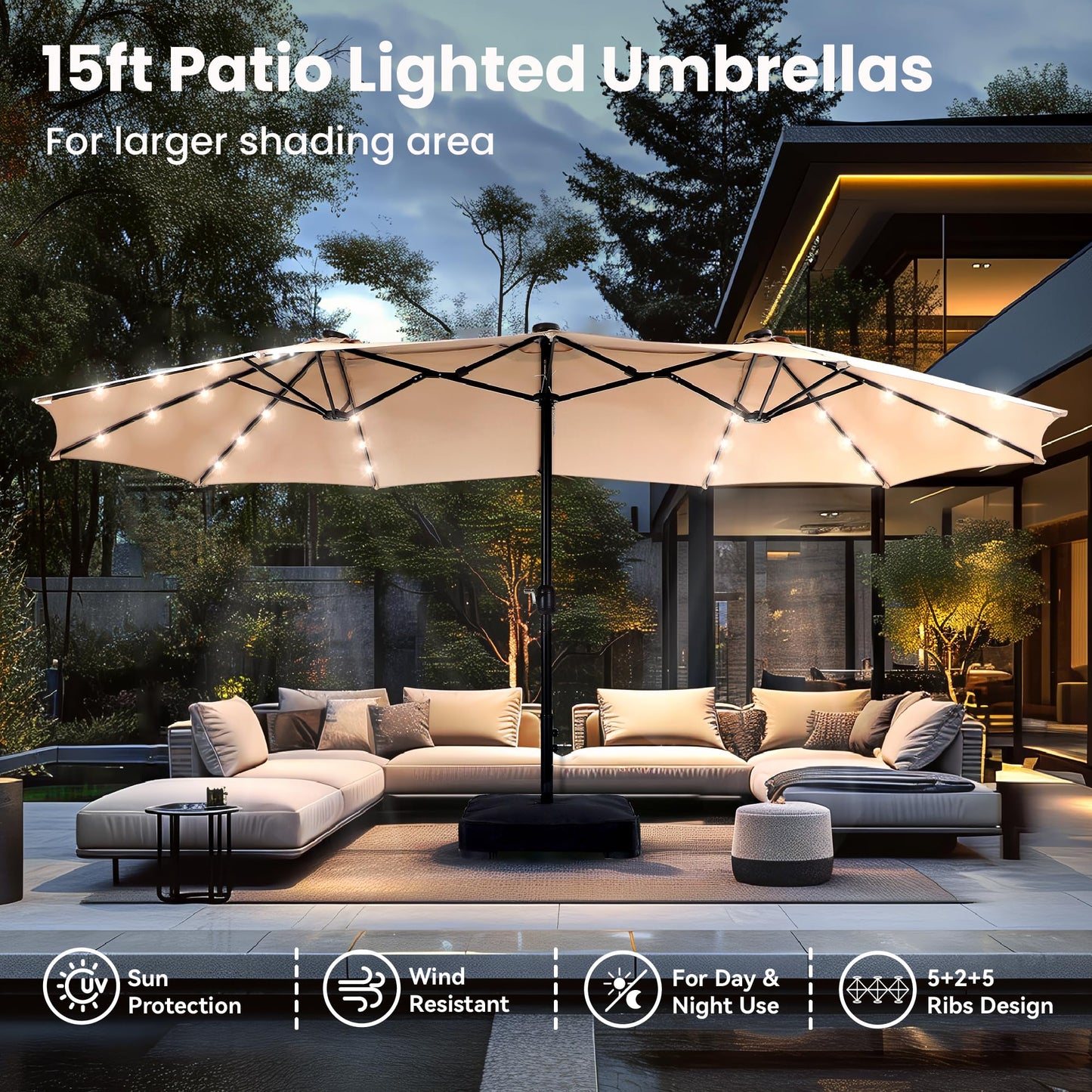Large 15ft Patio Umbrella with Base & Solar Lights, 36 LED Lights And Umbrella Stand, Beige