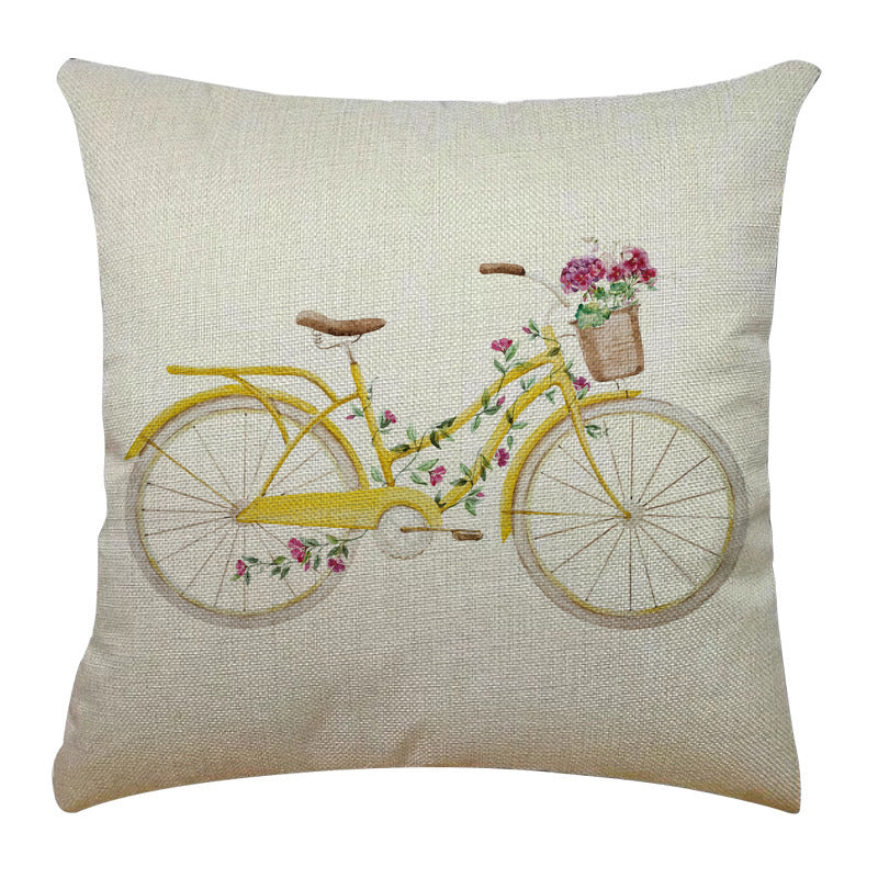 Bicycle Illustration Linen Pillow Cover Vase English Letters Home Cushion