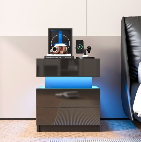 LED Bedside Table Nightstand, Modern Black Nightstand With Led Lights And 2 High Gloss Drawers, Black