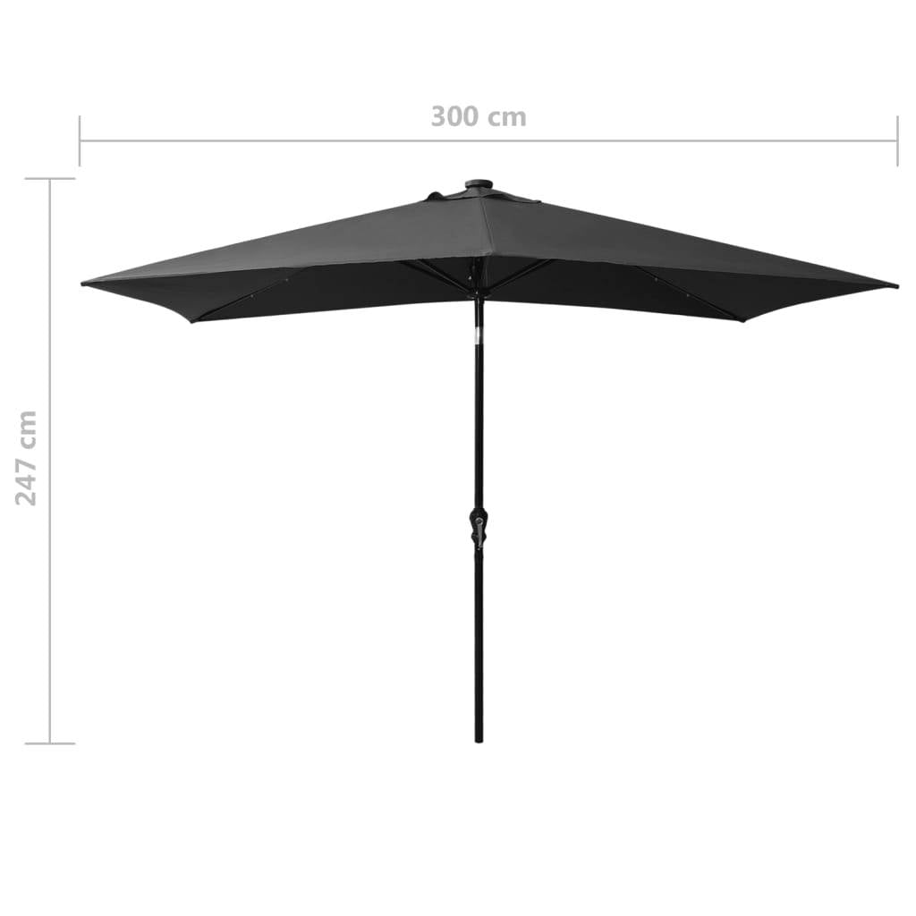Black Round Patio Umbrella with LED Lights and Pole, Round Garden Parasol with LEDs and Steel Pole Anthracite 6.6'x9.8' (Without Base)
