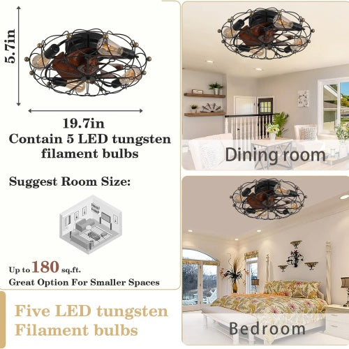 Industrial Cage Ceiling Fan With Light And Remote Control, Modern Industrial Ceiling Fan, Black/Brown