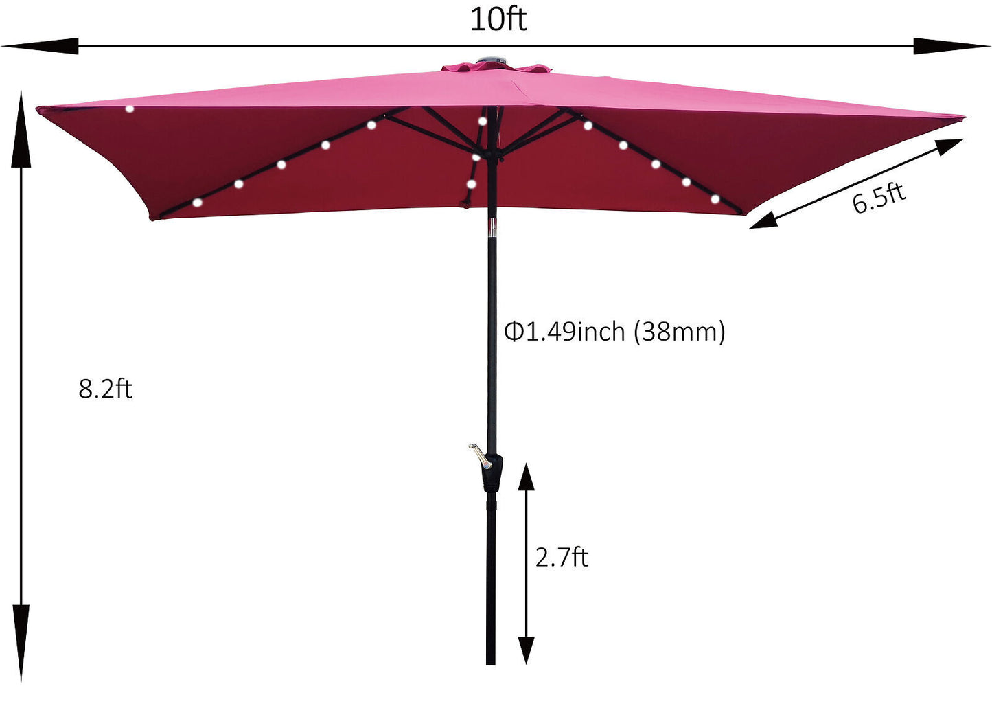 10 x 6.5t Rectangular Patio Umbrella With Solar LED Lights With Crank And Push Button Tilt - Burgundy, Base Sold Separately