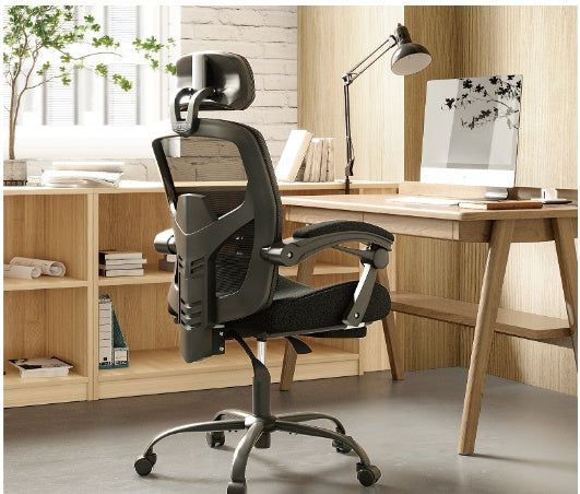 Retractable Ergonomic Swivel Office Chair With Footrest, Lumbar Support Pillow, And Padded Armrests