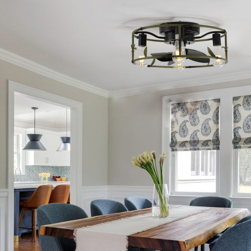 Round Industrial Light With Built-in Ceiling Fan And Remote Control