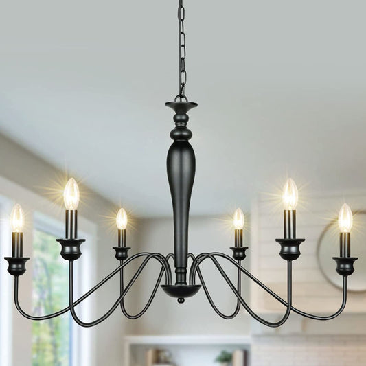 Modern Candle Chandelier, Minimalist Chandelier, Iron Dining Room Artistic Light Fixture Black
