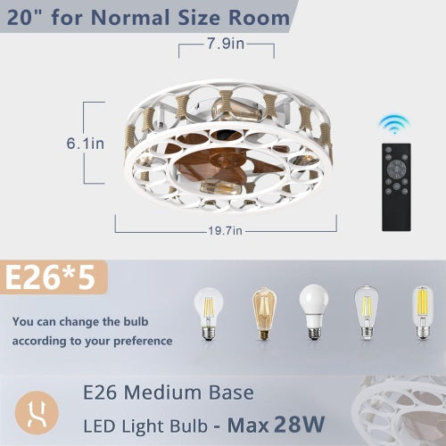 Caged Ceiling Fan With Light and Remote Control, Semi-recessed Modern Ceiling Fan with 6 Speed Reversible Blades, 4 LED Bulbs Included