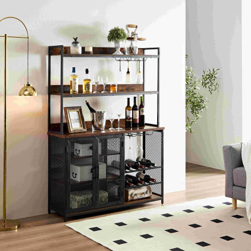 Coffee Bar Cabinet With Power Outlet, Wine Bar Or Beverage Station For Office, Home, Dining Room, Kitchen, In Vintage Brown