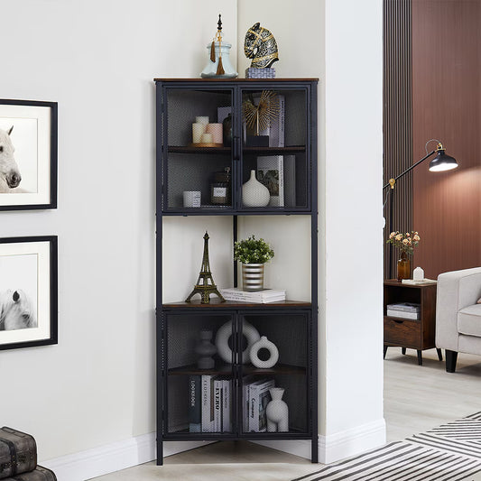 6-Tier Corner Shelf With Storage Cabinet, Bookshelf With Metal Mesh Door