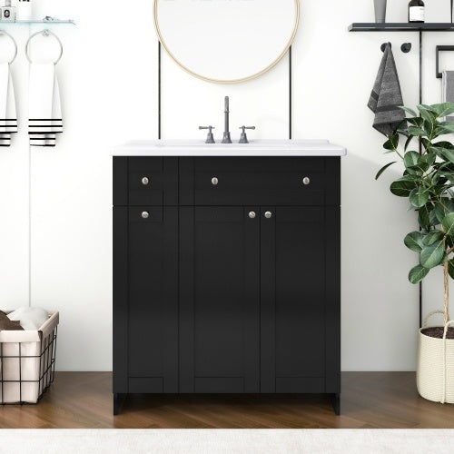 30 Inch Black Bathroom Vanity With Ceramic Sink Combo, 2 Soft Close Doors & Double Deep Drawers