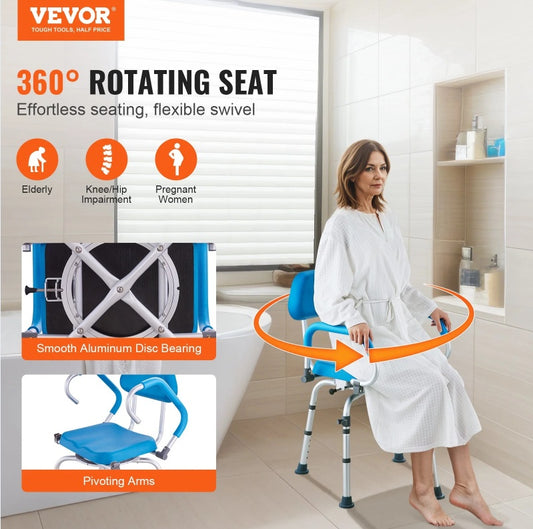 ADA-Friendly Swivel Shower Chair 360 Degree, Adjustable Shower Seat With Pivoting Arms & Padded Bath Seat For Inside Shower Or Tub, Non-Slip Rotating Bathtub Chair For Elderly Disabled, 300LBS Capacity