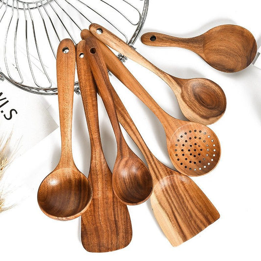 Teak Natural Wood Cooking Tool Set Spoon/Ladle Cookware, Rice Colander, Soup Skimmer