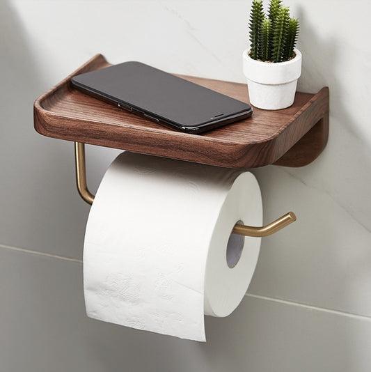 Solid Wood Wall-mounted Toilet Paper Holder, Toilet Paper Holder with Shelf
