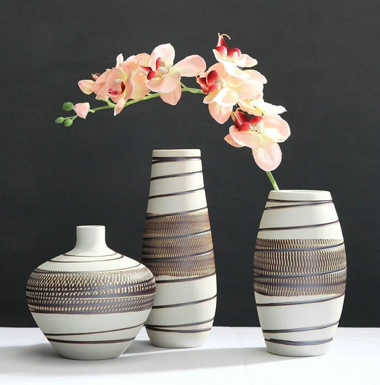 Farmhouse Ceramic Vase, Brown/Tan Contemporary Vase, Ribbon Vase