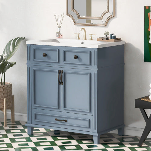 30 Inch Bathroom Vanity With Resin Sink, Solid Wood Frame Bathroom Storage Cabinet With Soft Close Door, Vintage Style, Blue