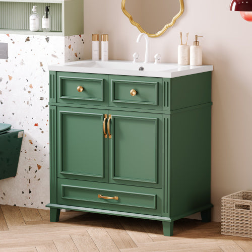 30 Inch Bathroom Vanity With Resin Sink, Solid Wood Frame Bathroom Storage Cabinet With Soft Close Door, Vintage Style, Green