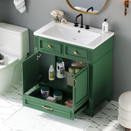 30 Inch Bathroom Vanity With Resin Sink, Solid Wood Frame Bathroom Storage Cabinet With Soft Close Door, Vintage Style, Green