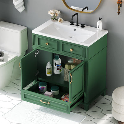 30 Inch Bathroom Vanity With Resin Sink, Solid Wood Frame Bathroom Storage Cabinet With Soft Close Door, Vintage Style, Green