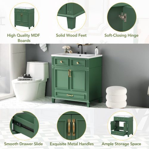 30 Inch Bathroom Vanity With Resin Sink, Solid Wood Frame Bathroom Storage Cabinet With Soft Close Door, Vintage Style, Green