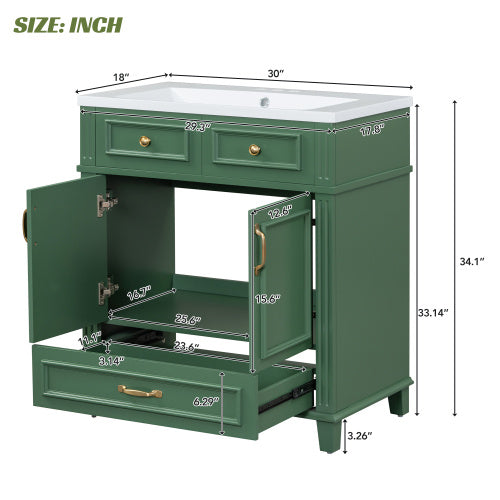 30 Inch Bathroom Vanity With Resin Sink, Solid Wood Frame Bathroom Storage Cabinet With Soft Close Door, Vintage Style, Green