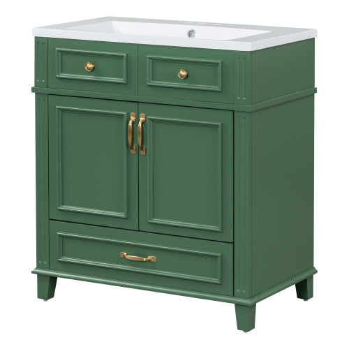 30 Inch Bathroom Vanity With Resin Sink, Solid Wood Frame Bathroom Storage Cabinet With Soft Close Door, Vintage Style, Green