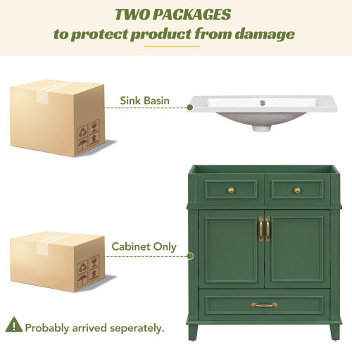 30 Inch Bathroom Vanity With Resin Sink, Solid Wood Frame Bathroom Storage Cabinet With Soft Close Door, Vintage Style, Green
