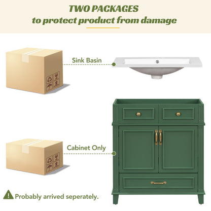 30 Inch Bathroom Vanity With Resin Sink, Solid Wood Frame Bathroom Storage Cabinet With Soft Close Door, Vintage Style, Green